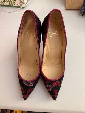 Christian Louboutin Black Pumps with Pink Trim and Multicolor Embroidery
